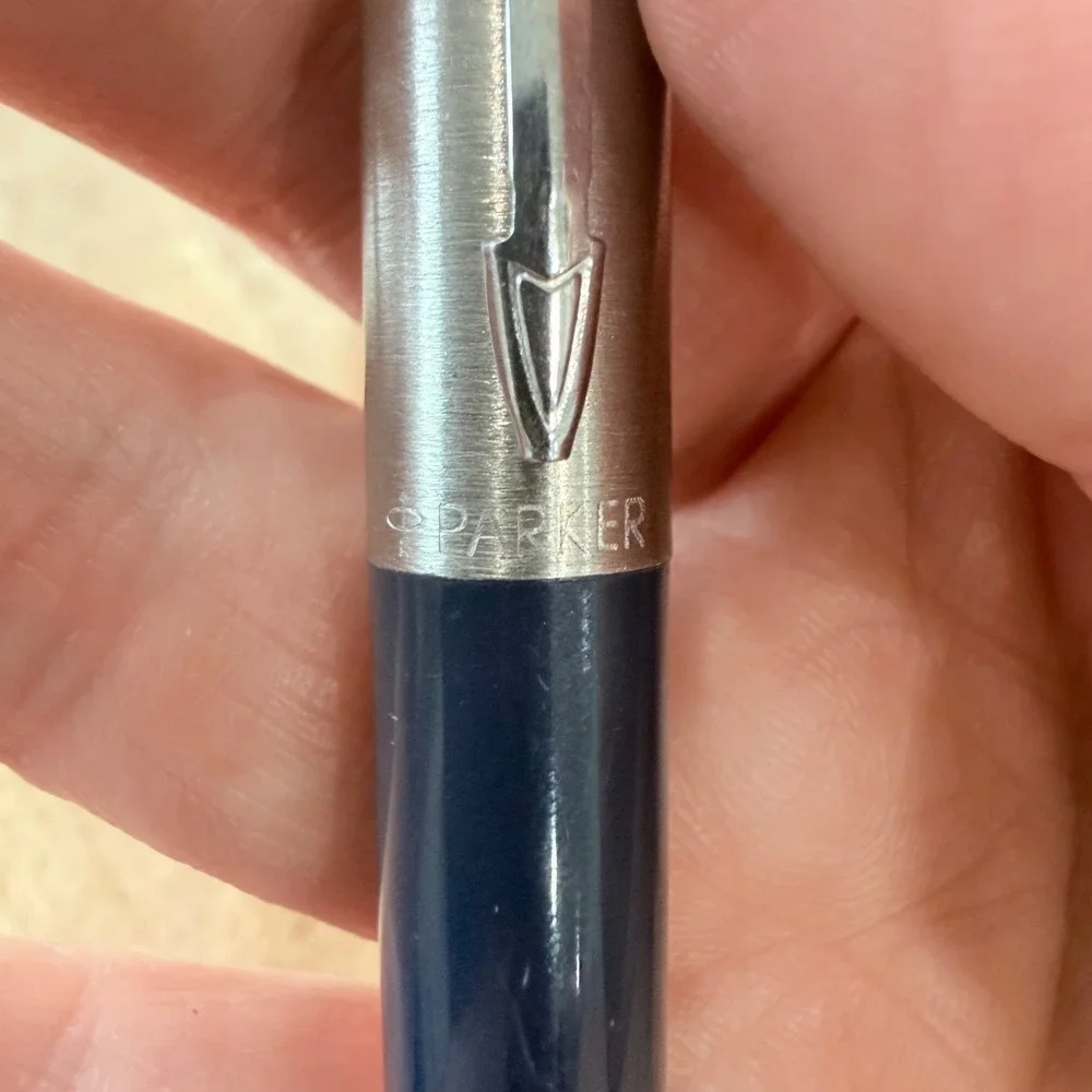 Parker Jotter Ballpoint Pen Navy Blue and Stainless Steel Silver Trim Click Type